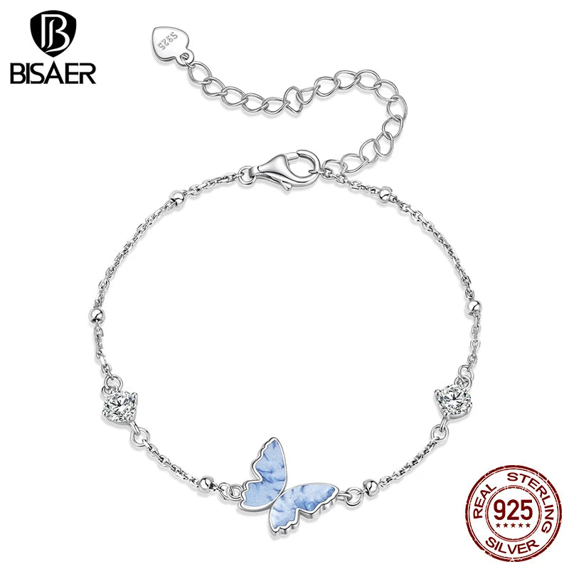 BISAER 925 Sterling Silver Bule Butterfly Charm Bracelet Sparkling Zircon Adjustable Chain Bangle for Women Party Fine Jewelry