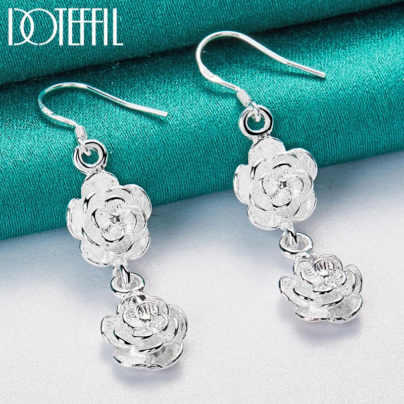 DOTEFFIL 925 Sterling Silver Rose Flower Drop Earrings For Woman Wedding Engagement Fashion Party Charm Jewelry