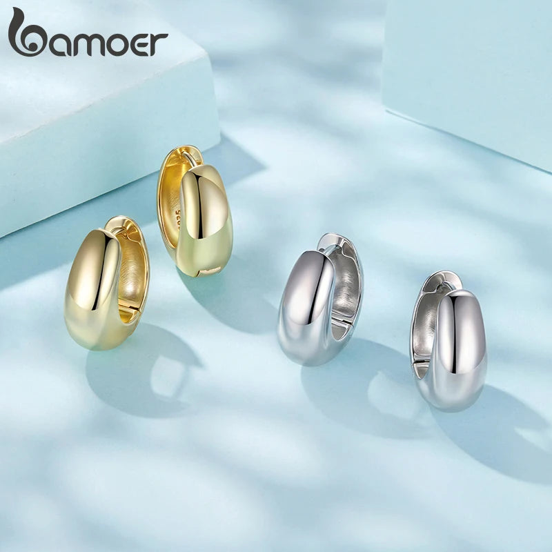 BAMOER 18K Gold Plated 925 Sterling Silver Post Glossy Hoop Earrings, High Polished Trendy Fashion Statement Jewelry for Women