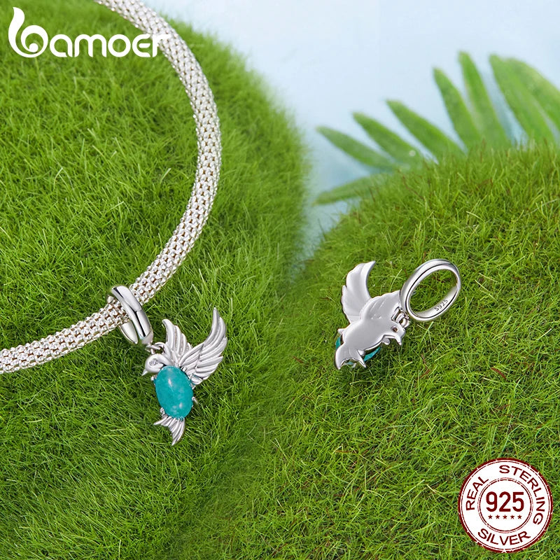 BAMOER Solid 925 Sterling Silver Natural Jade Butterfly Bee Bird Charm Pendant fit Original Bracelet DIY Jewelry Accessories