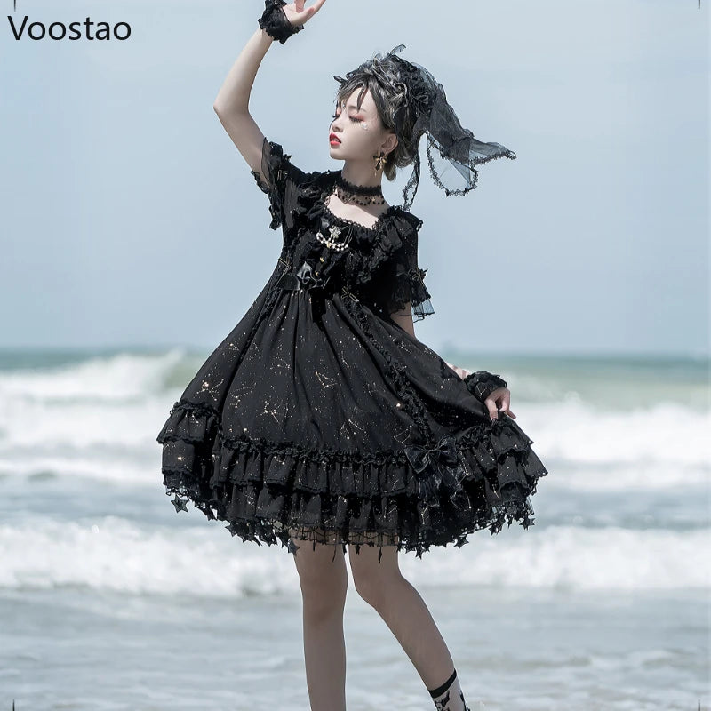 Victorian Gothic Lolita Dress Women Elegant Sweet Dark Bow Pearl Chain Evening Party Dresses Harajuku Y2k Punk Princess Dress