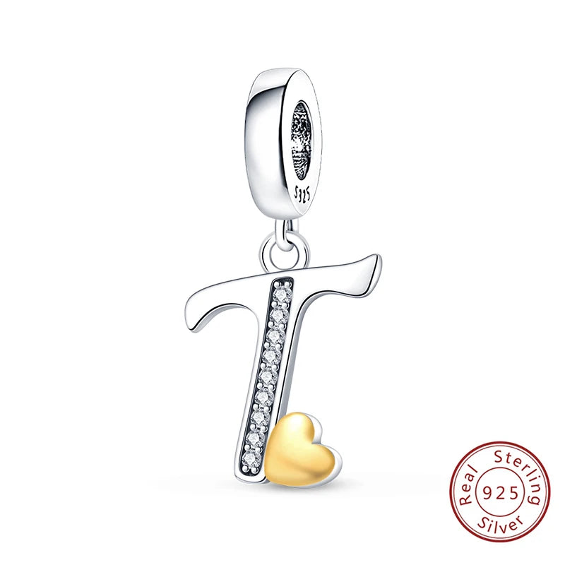 Classic 925 Sterling Silver 26 Gold Color Heart Zircon Letter A-Z Charms Beads Fit Original Bracelets DIY Birthday Jewelry Gift