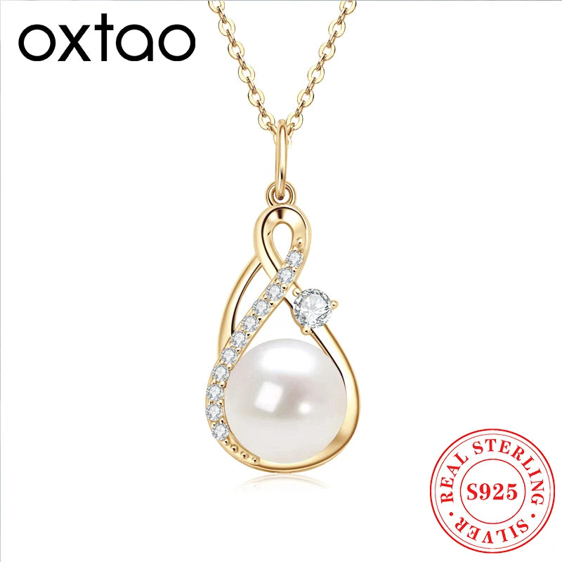 OXTAO Moissanite Infinite Pendant Necklace 9.5-10mm Tahitian Black Pearl/Natural Freshwater Pearl for Women Sterling 925 Silver