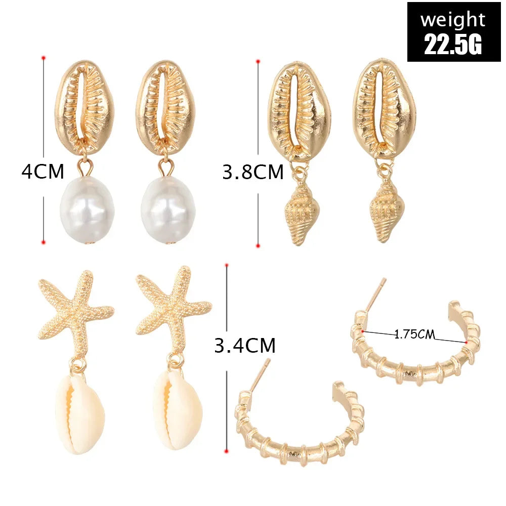 4PCS/set Bohemia Shell Starfish Dangle Earring Set for Women Summer Beach Pearl Conch Drop Geometric Earring Girl Jewelry Gift