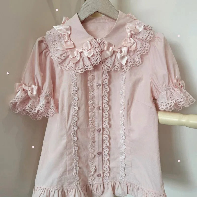 Japanese Sweet Lolita Style Shirts Women Kawaii Peter Pan Collar Bow Lace Ruffles Short Puff Sleeve Blouses Blusas Mujer Tops
