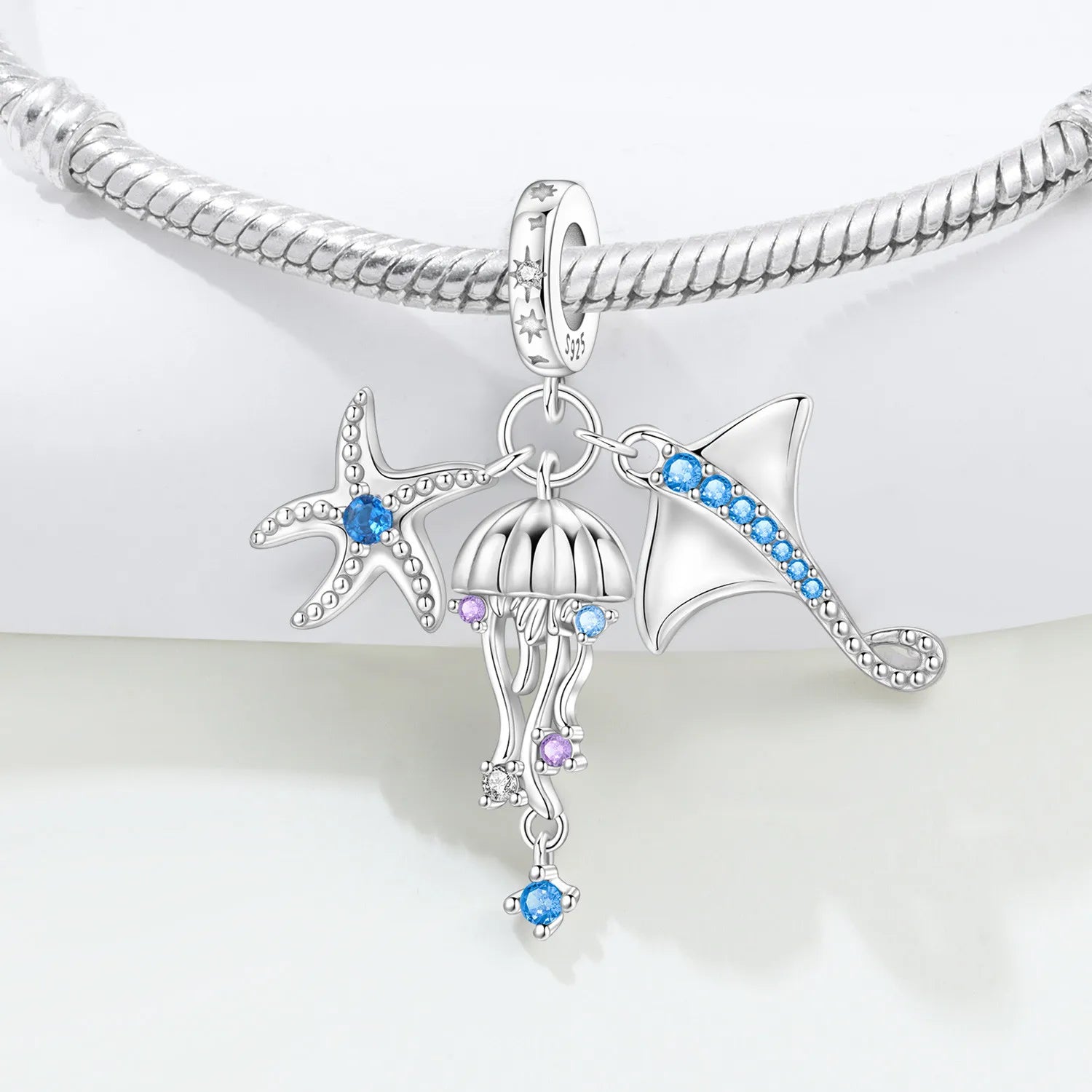 PANPOKI 925 Sterling Silver Sea Star Jellyfish Devil Fish Pendant Beads Original Pendants Bracelet Charm Jewelry Party DIY Gift
