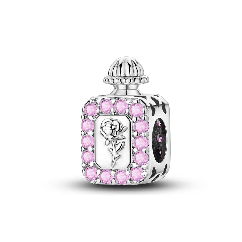 Original S925 Silver Romantic Pink Crown Perfume Bottle Charms Beads Fit Qikaola Bracelets Fine DIY Jewelry Valentine's Day Gift