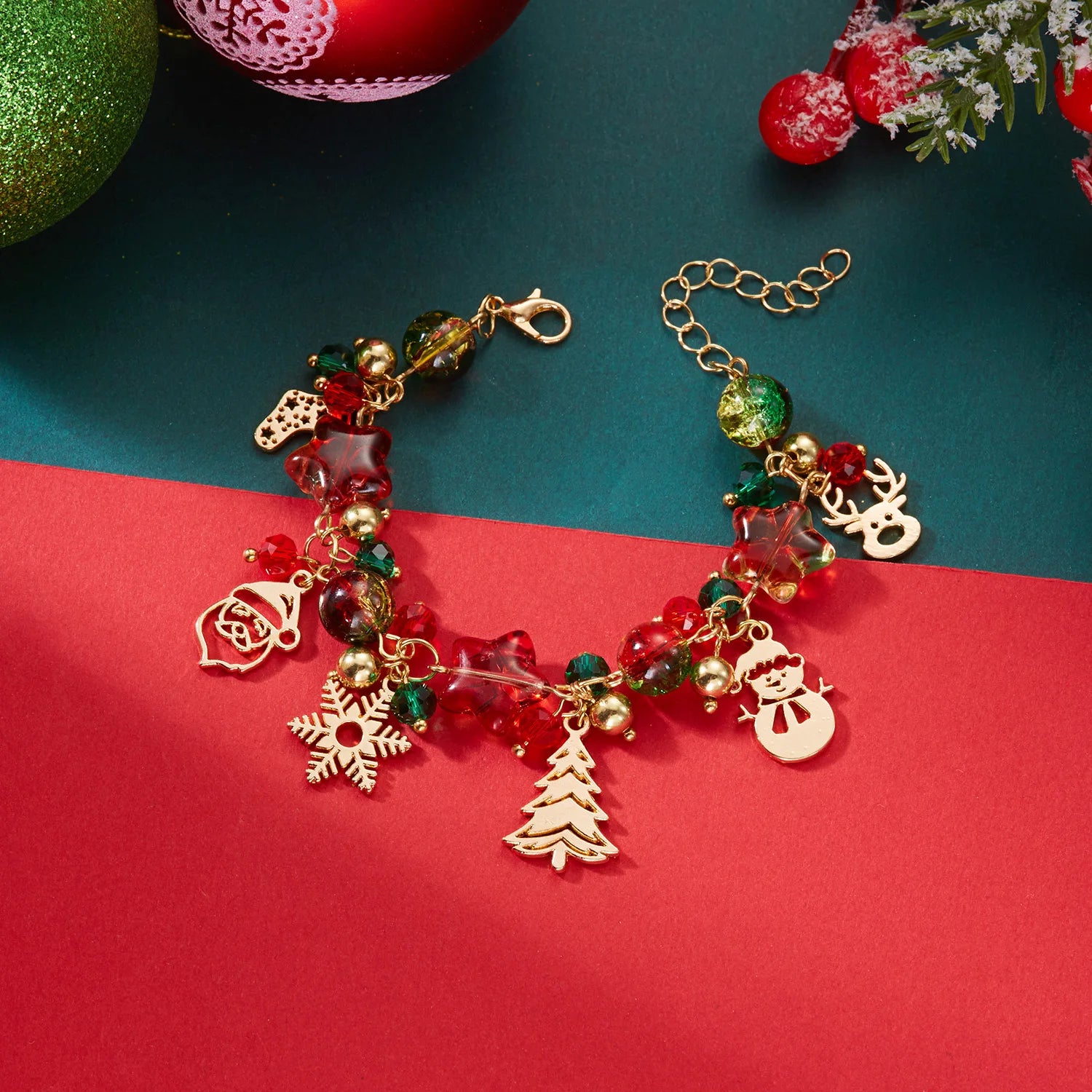Christmas Colorful Crystal Beads Multi Element Pendant Bracelets for Women Santa Claus Snowflake Tree Elk Bracelet Party Jewelry