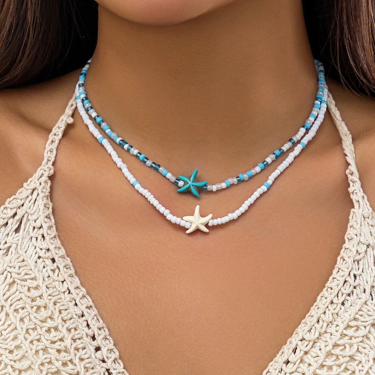 KunJoe Bohemian Halsketten-Set mit Seesternanhänger aus gemischten Reisperlen in verschiedenen Farben für Damen und Herren – modischer Strand-Choker, Schlüsselbeinschmuck