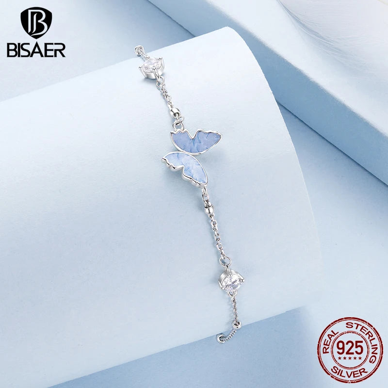 BISAER 925 Sterling Silver Bule Butterfly Charm Bracelet Sparkling Zircon Adjustable Chain Bangle for Women Party Fine Jewelry