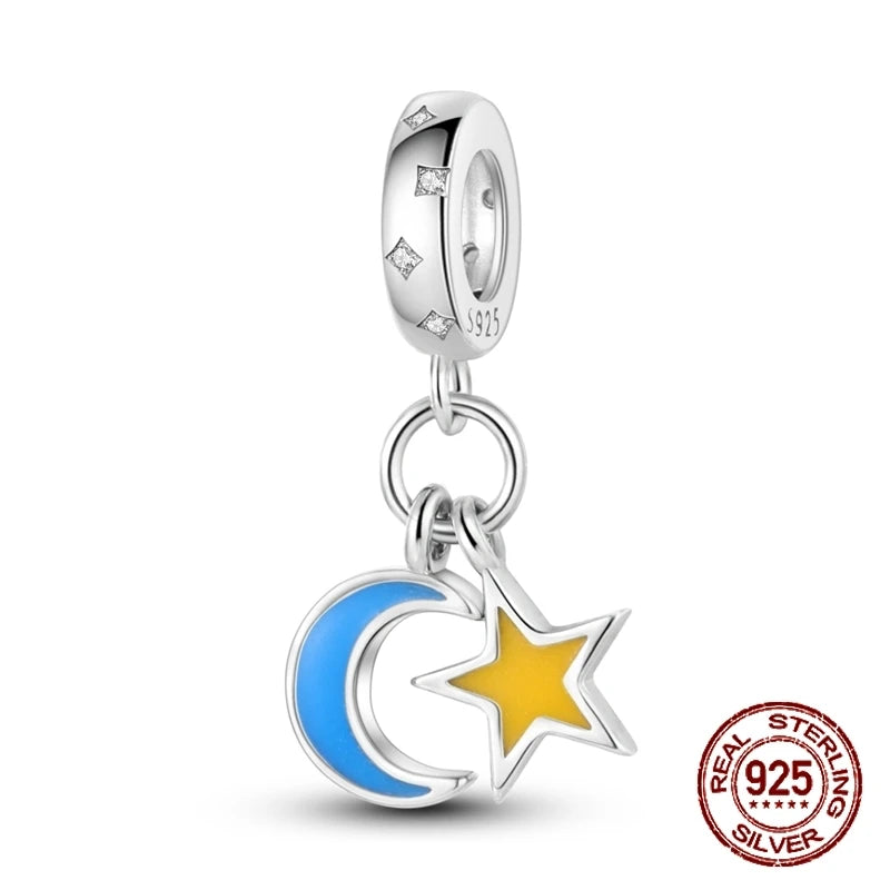 Breloque en argent sterling 925 représentant la lune, l'étoile, l'avion, l'espace, série bleue, compatible avec les bracelets Pandora originaux, bijoux à offrir