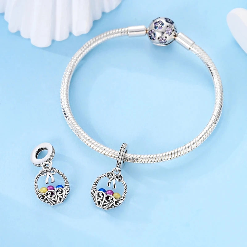 Fit Original 925 Sterling Silver Charms Beads Luminous Easter Egg Pink Baskets Charms for Women Fine DIY Birthday Jewelry Gifts