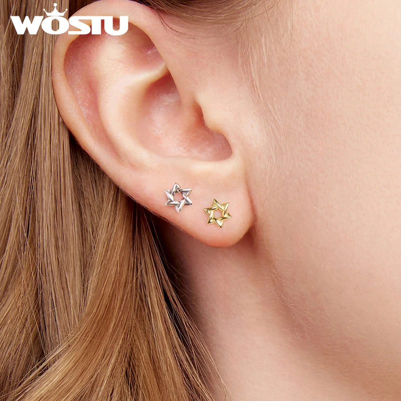 WOSTU Real 925 Sterling Silver Vintage Hexagram Rings Star Stud Earrings For Women Hollow Out Earring Adjustable Guardian Rings