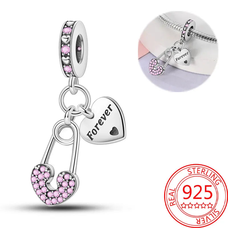 925 Sterling Silver Sparkling Pink Heart Charm Pendant Beads Fit Original Bracelet for Women Valentine Day Jewelry Gifts