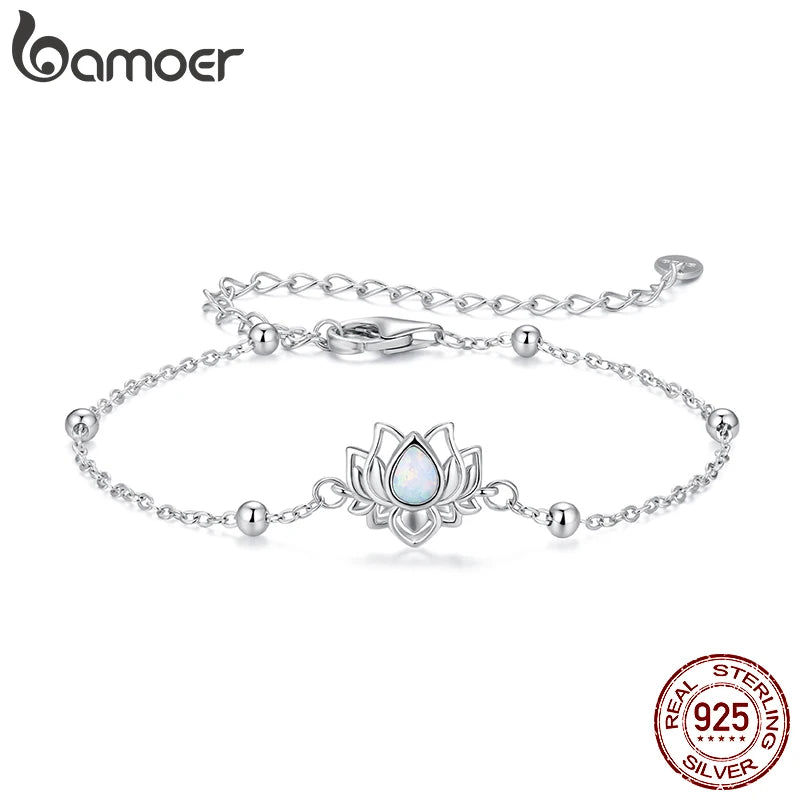 Bamoer Armband aus 925er Sterlingsilber mit Opal-Lotuskette, runden Perlen und verstellbarer Gliederkette für Damen und Teenager, Vintage-Blumen-Armband
