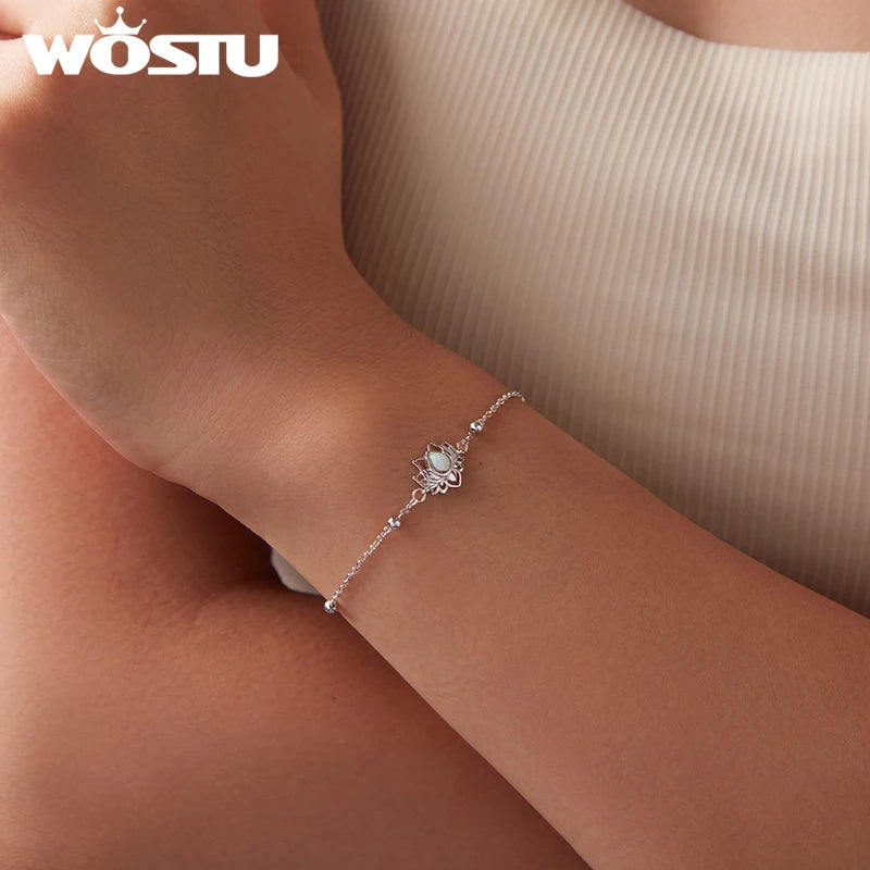 WOSTU 925 Sterling Silver Lotus Bead Chain Bracelet for Women, Adjustable White Opal Pendant Link Yoga Meditation Jewelry Gi