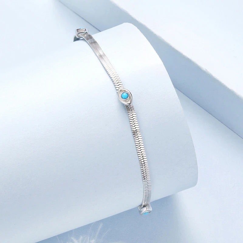 Bamoer 925 Sterling Silver Devil's Eye Bracelets Wide Flat Snake Chain Turquoise Charm Bangle Adjustable for Women Retro Gift