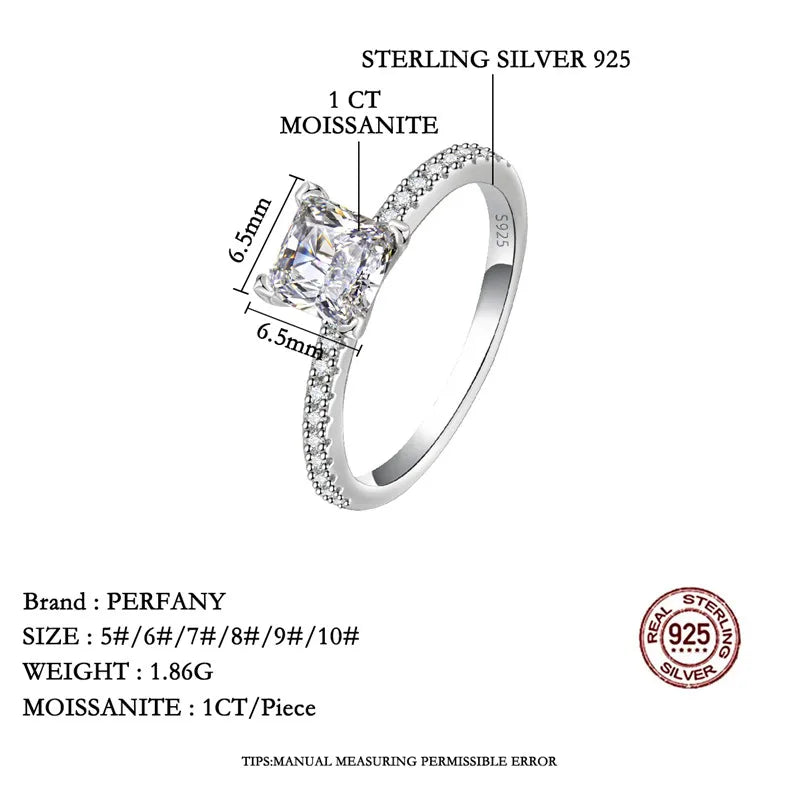 PERFANY 1/2CT Square Cut Moissanite Ring for Women S925 Solid Silver Sparkling Laboratory Diamond Fashion Wedding Jewelry - Madeinsea©