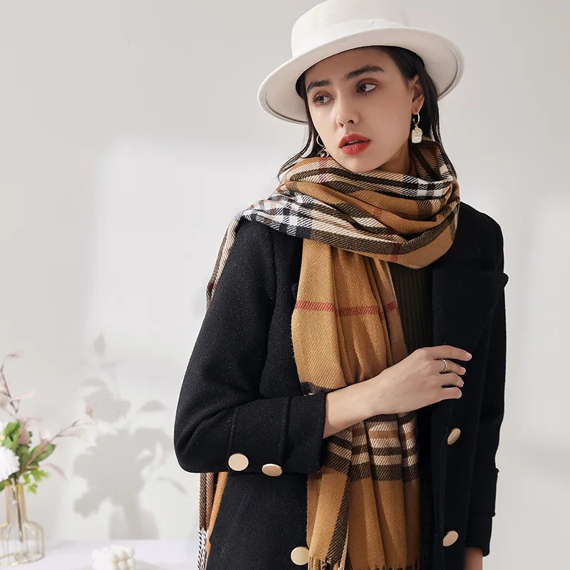 Autumn & Winter Imitation Cashmere Headscarf, New Korean - Japanese Sweet Style, Medium - Long Plaid, Warm Shawl & Scarf