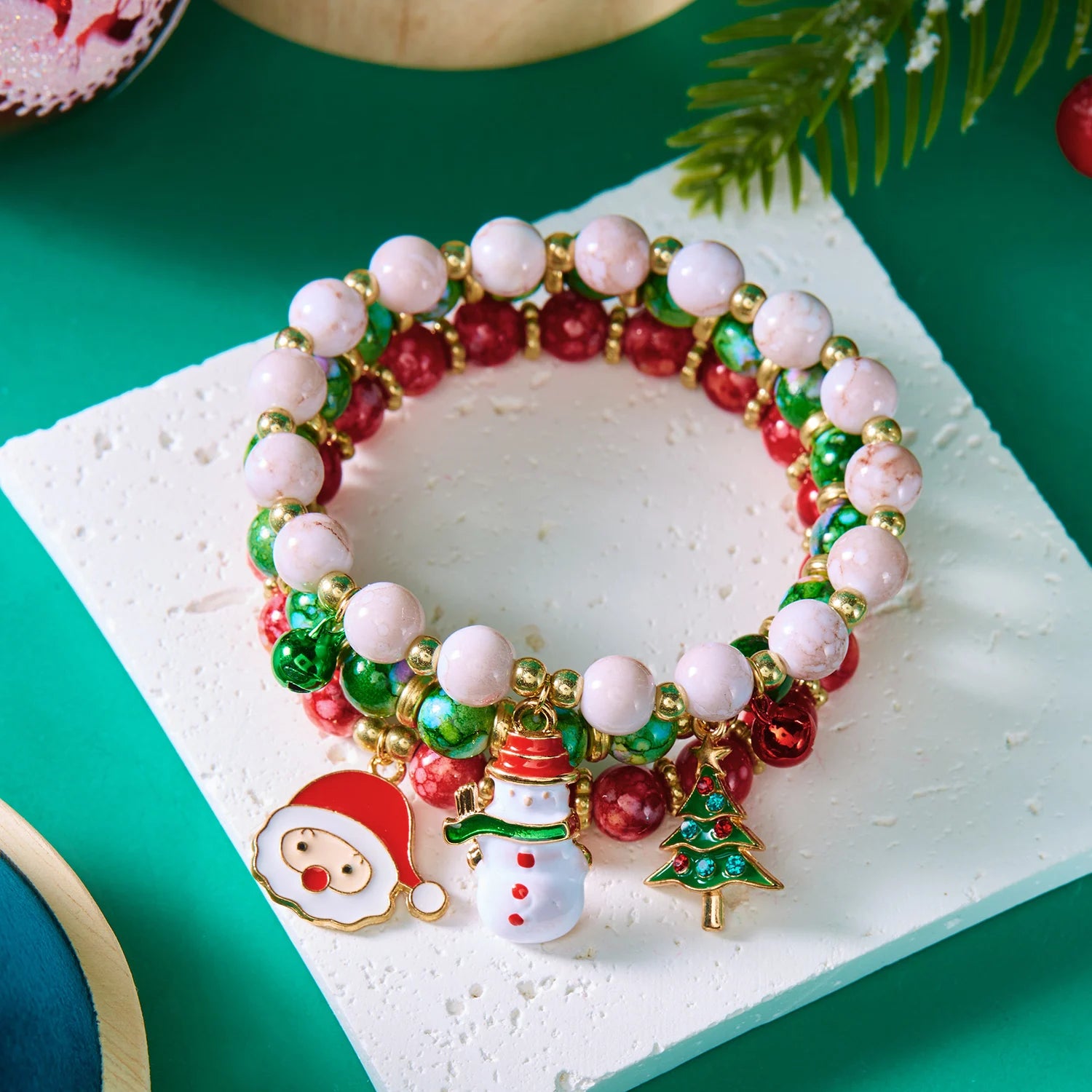 3Pcs Christmas Bracelet Set For Women Colorful Beaded Santa Claus Xmas Tree Snowflake Snowman Pendant Bracelets Festival Gifts