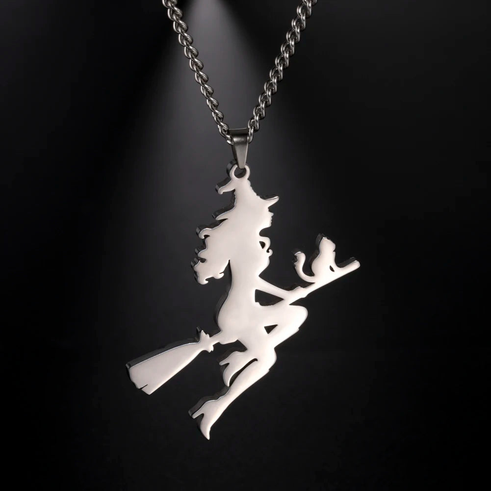 Flying Witch Silhouette Pendant Necklace for Women Fashion Stainless Steel Gold Silver Color Necklace Jewelry for Christmas Gift