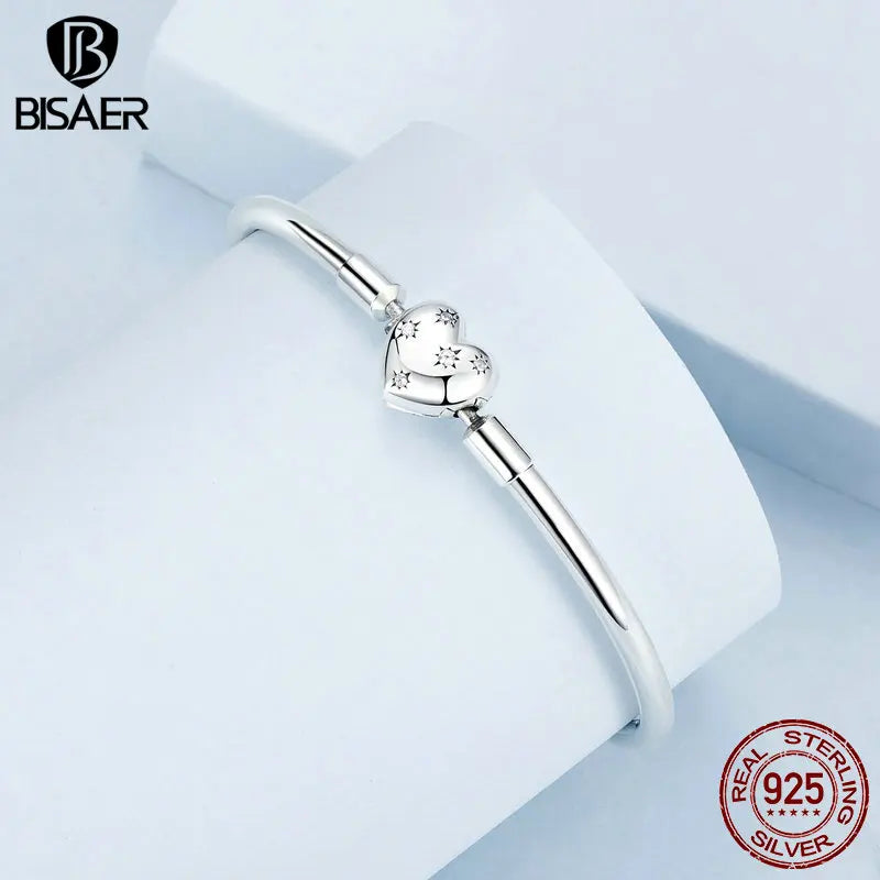 BISAER 925 Sterling Silver Heart Bracelet Dainty Starry Basic Bracelet Plated White Gold for Women DIY Charm Bead Fine Jewelry