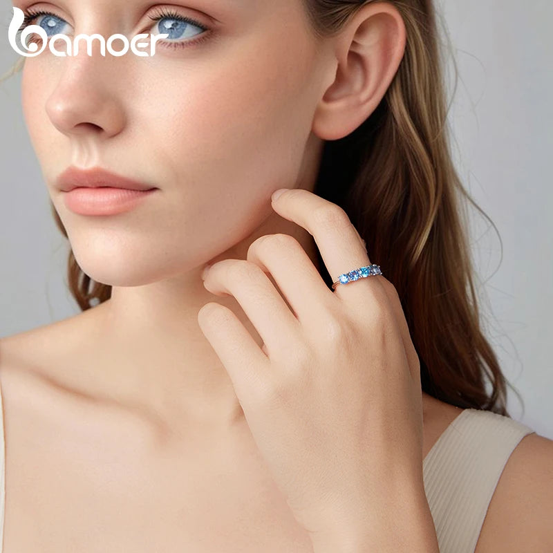 BAMOER 925 Sterling Silber Transparenter, meerblauer runder Halb-Ewigkeitsring mit Zirkonia-Besatz – das perfekte Geschenk für Damen und Teenager zum Geburtstag oder zur Party