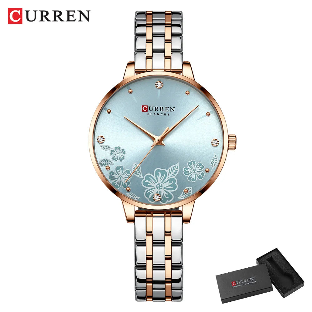 CURREN Fashion Quartz Wristwatches for Women Simple Stainless Steel Watch Bracelet with Flower Design Dial