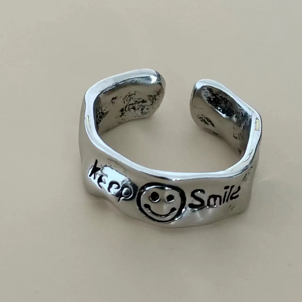 Retro Keep Smiling Irregular Ring For Women Punk Gothic Rock Hiphop Open Ring Handmade Designer Jewelry Unisex Accessories Gift