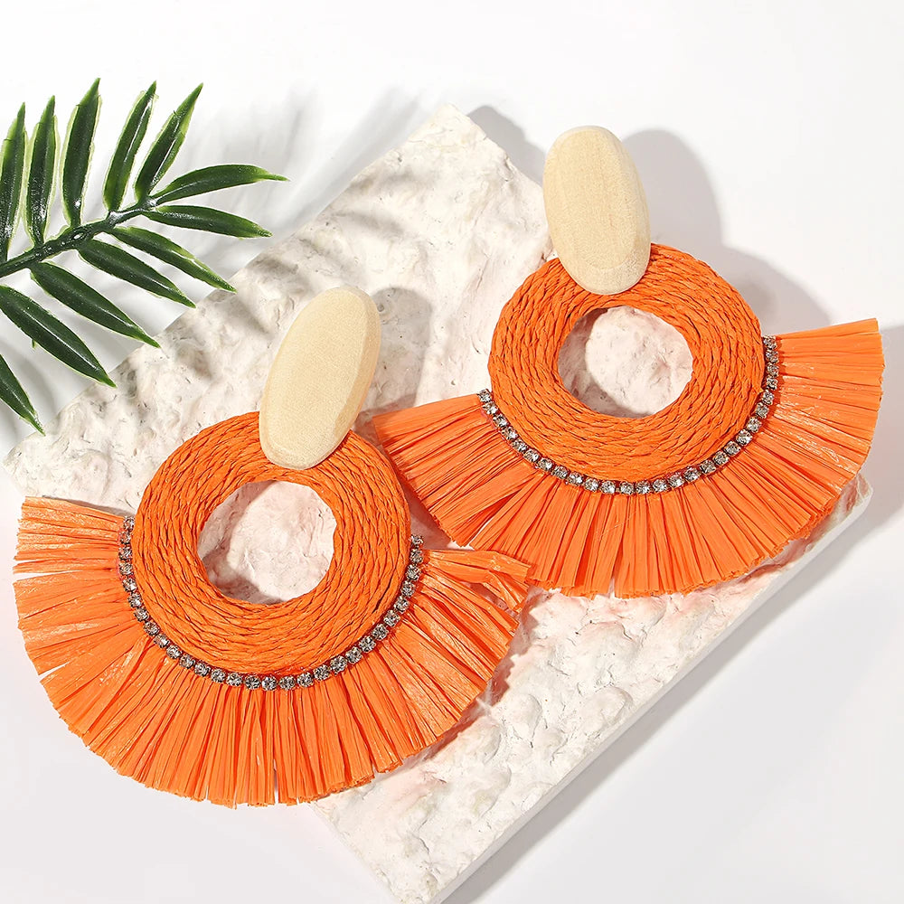 AENSOA Handmade Woven Rattan Knit Raffia Wooden Drop Earrings for Women Bohemian Circular Fan Shaped Statement Earrings Jewelry
