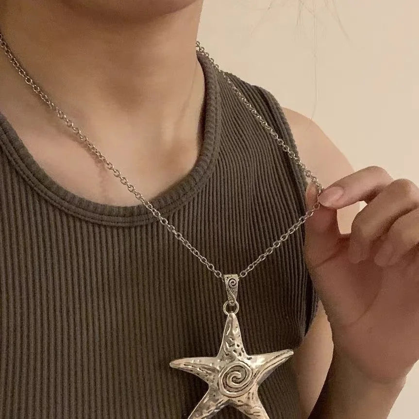 Exaggerated Metal Big Starfish Pendant Necklace for Women Silver Color Punk Gothic Star Chain Choker Girl Party Y2K Jewelry