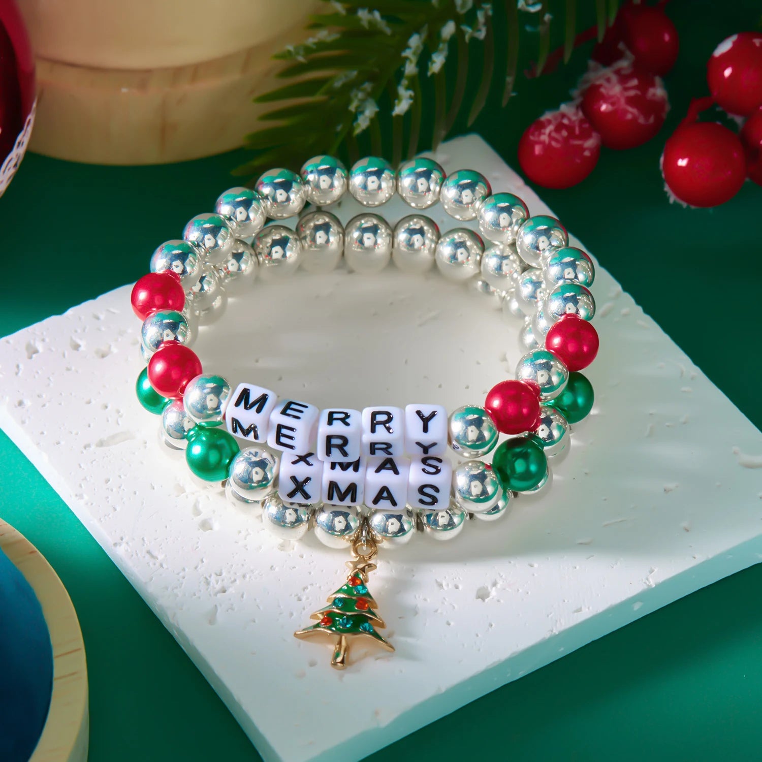 3Pcs Christmas Bracelet Set For Women Colorful Beaded Santa Claus Xmas Tree Snowflake Snowman Pendant Bracelets Festival Gifts