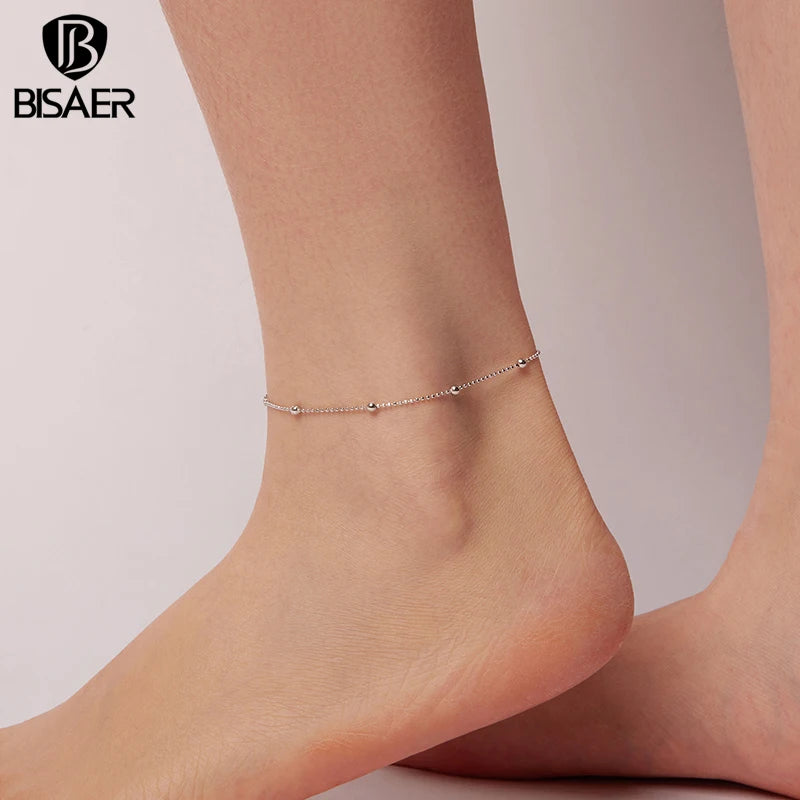 BISAER 925 Sterling Silver Minimalist Beads Anklets Waterproof Chain Plated White Gold For Women Party Fine Jewelry Holiday Gift