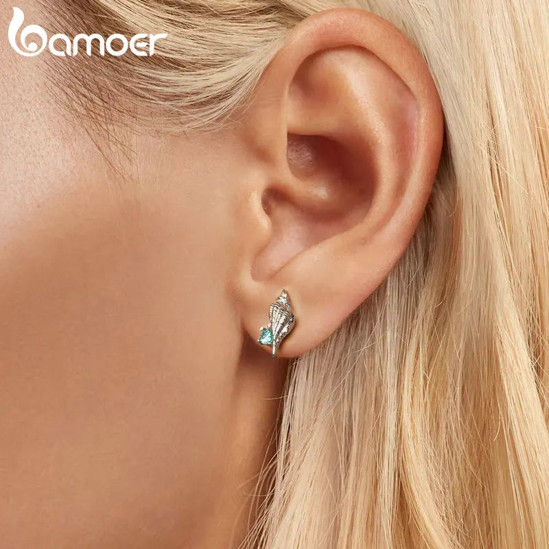 BAMOER 925 Sterling Silver Conch Stud Earrings Inlaid Green Zirconia Hypoallergenic Earrings for Women Ocean Series Jewelry - Madeinsea©