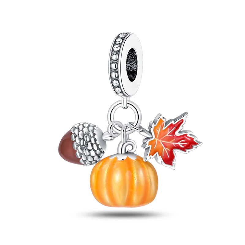 Fashion Autumn 925 Silver-Plated Squirrel Maple Leaf Pumpkin Yellow Charms Beads Fit 3mm 925 Original Bracelets DIY Jewelry