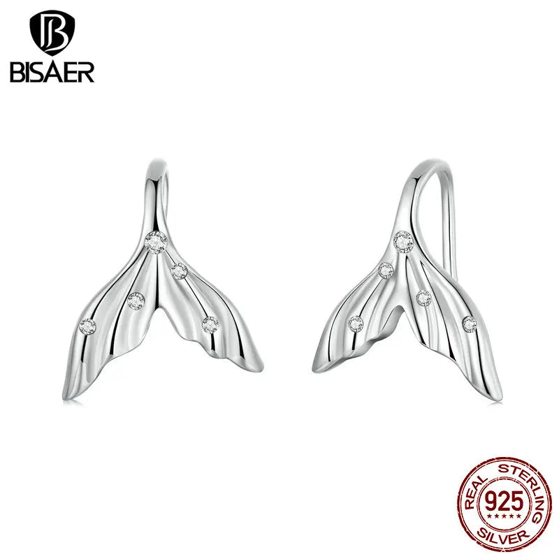 Boucles d'oreilles à tige en forme de queue de sirène en argent sterling 925 véritable BISAER avec zircon scintillant pour femme, bijoux fins, cadeaux de vacances