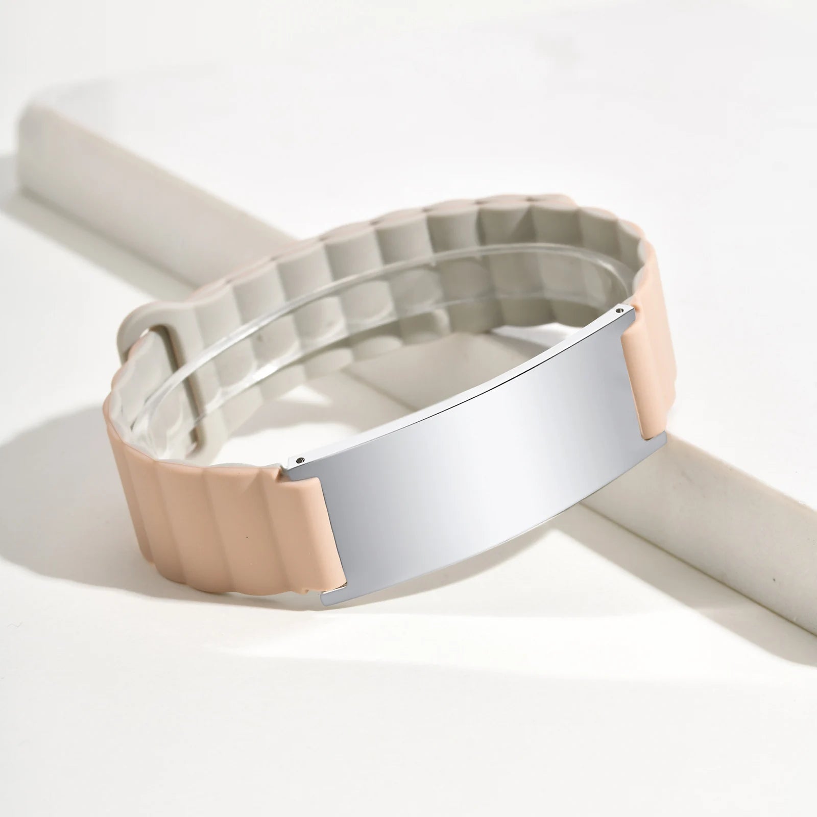 Vnox Free Engraving Magnetic Silicone Bracelet For Women,Stainless Steel Curved Nameplate Bracelet Bangle,Customizable Jewelry