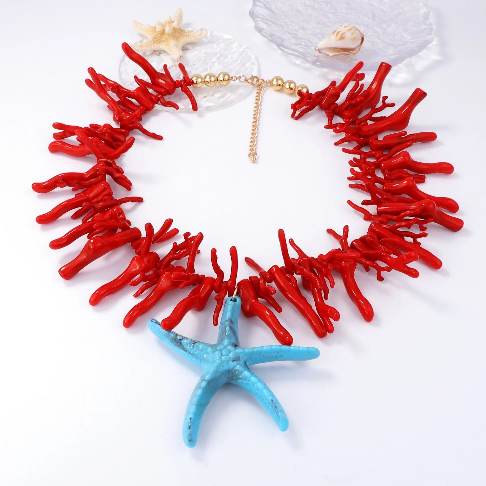 Exaggerated Ocean Inspired Coral Plastic Unique Starfish Pendant Necklace