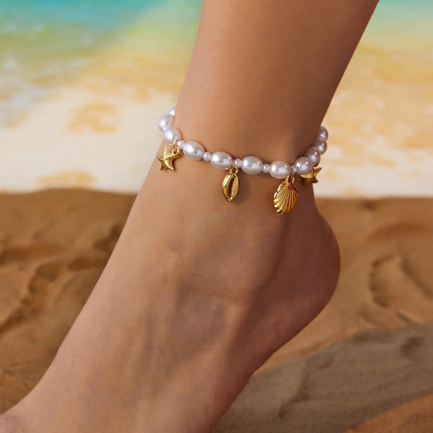 Vintage Gold Color Starfish Shell Anklets For Women Double Layer Foot Chain Ankle Bracelet On The Leg Beach Barefoot Jewelry
