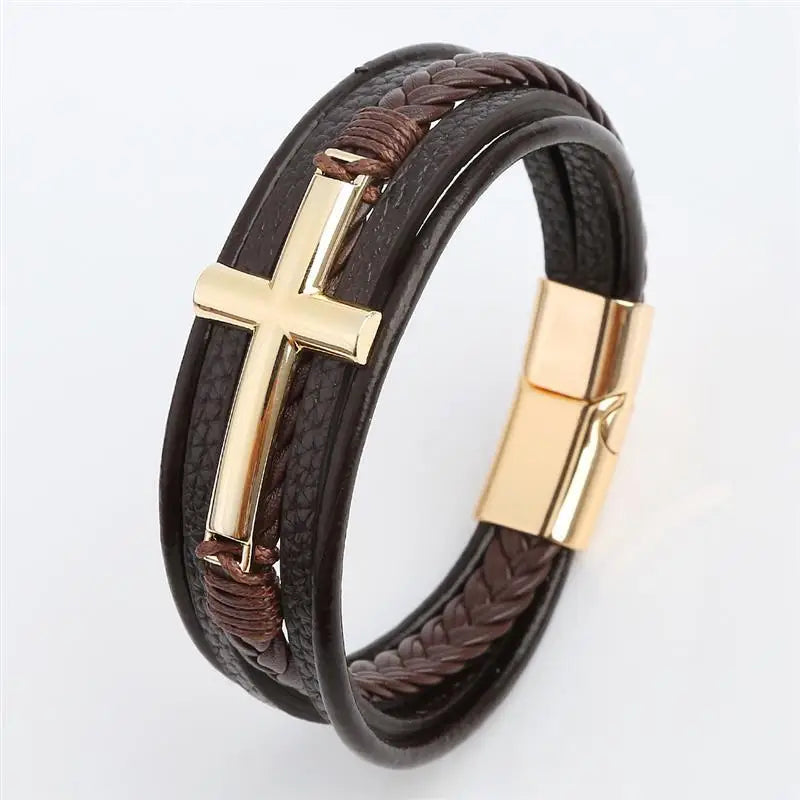 Classic Men's Leather Bracelet Cross Charm Choose Multilayer Hand Woven Bracelets Male Bangles Gifts Jewelry 19/21/23cm