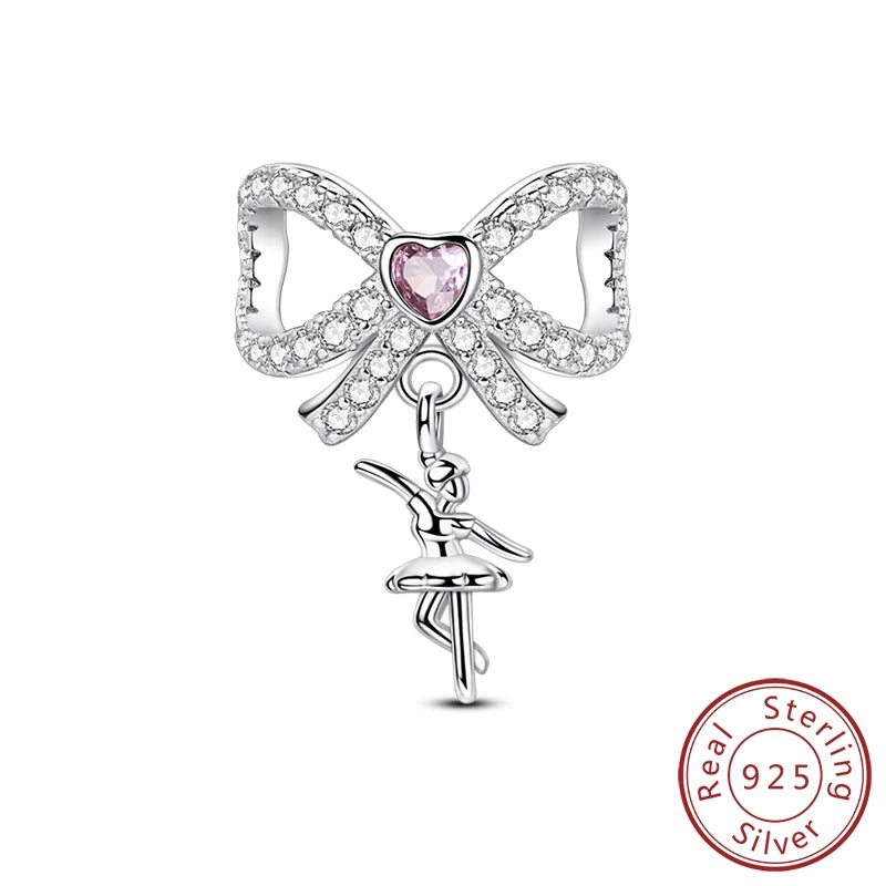 Fit Original 925 Sterling Silver Charms Beads Bows Swan Ballet Princess Pink Charms For Women Fine DIY Birthday Jewelry Gifts