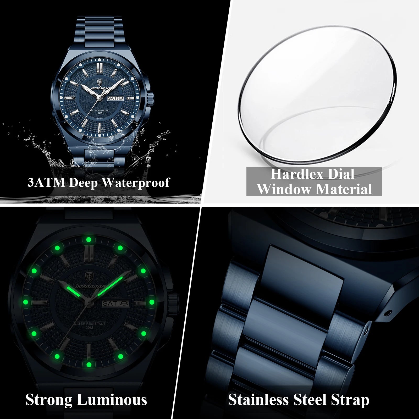 POEDAGAR Sport Original Men Clock Quartz Date Week Luxury Man Wristwatch Waterproof Luminous Stainless Steel Men's Watches Reloj - Madeinsea©