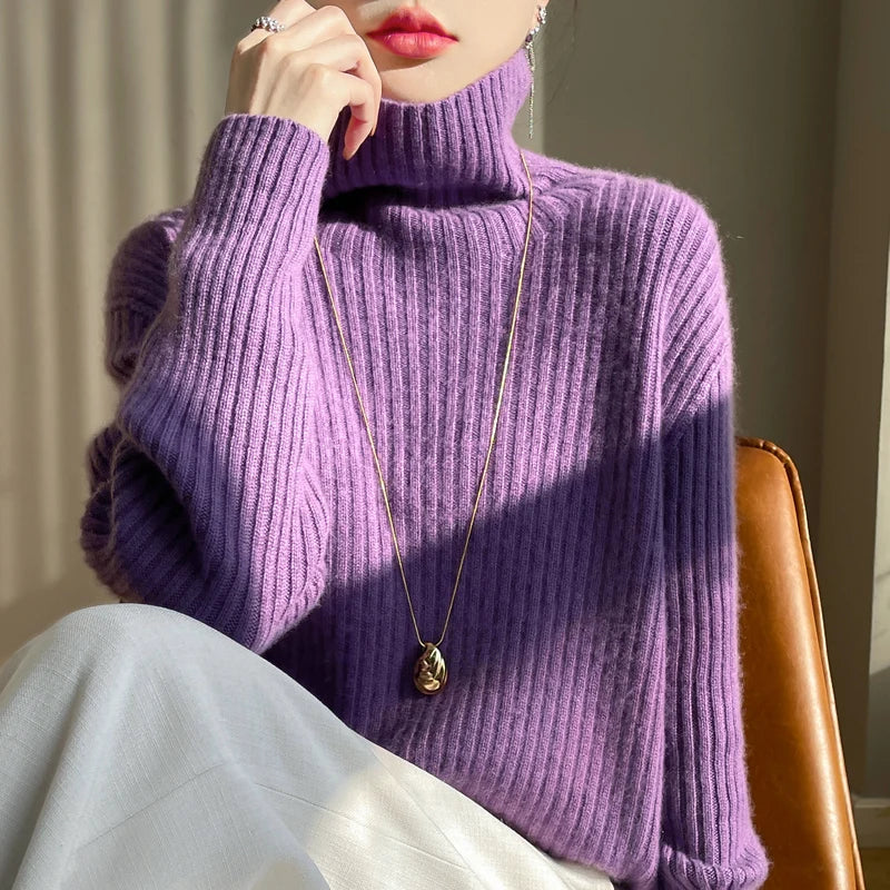 Women 100% Merino Wool Sweater Turtleneck Knitted Vertical Stripes Pullover Autumn Winter Thickened Cashmere Casual Knitwear Top