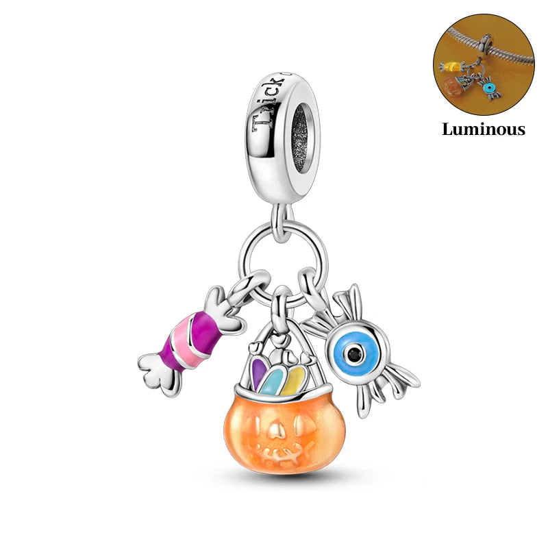 2024 New 925 Sterling Luminous Halloween Skull Witch Pumpkin Candy Charms Beads Fit 3mm Original Bracelets DIY Party Jewelry