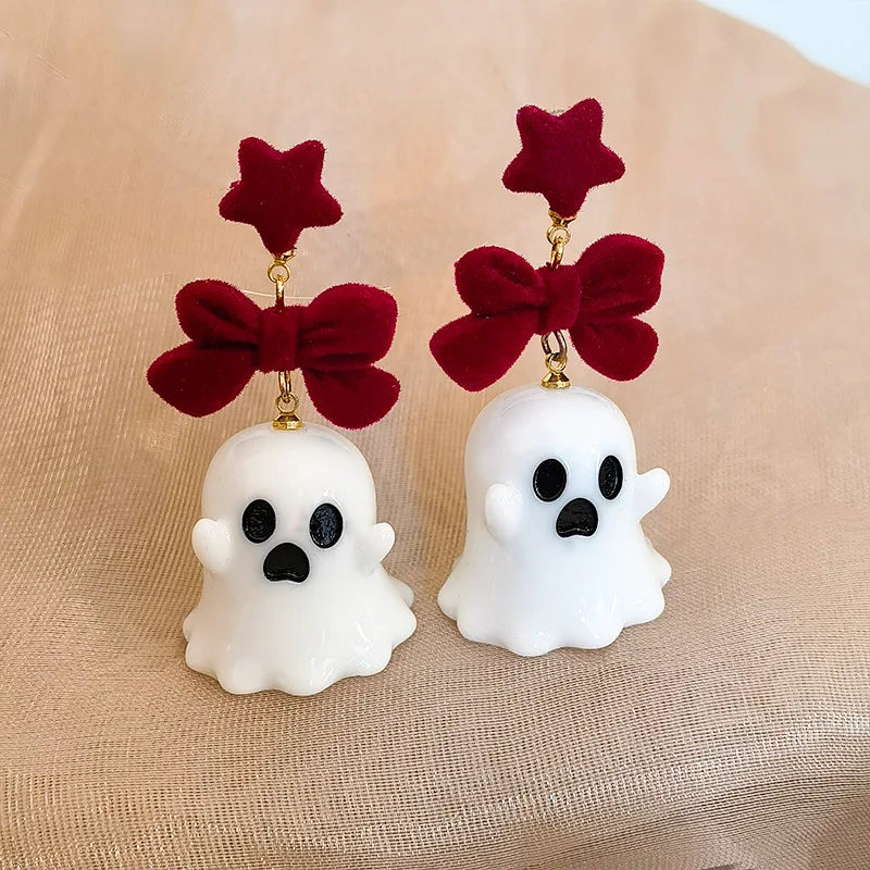 Fancy Resin Halloween Ghost Drop Earrings For Women Red Bowknot Flannel Ghost Dangle Earring Christmas Festival Party Jewelry