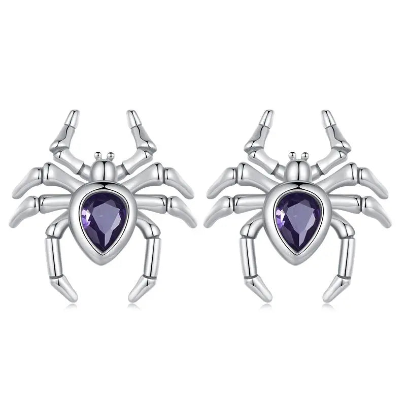 WOSTU 925 Sterling Silver Vintage Skull Stud Earrings For Women, Purple Rose Heart Zircon Punk Spider Ear Studs Halloween gift
