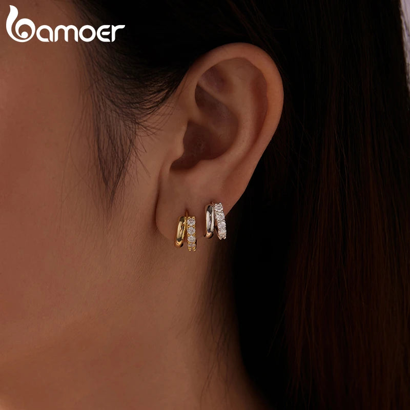 BAMOER 0.3CT Double-layer Moissanite Huggies Earring, 925 Sterling Silver Sparking Hoop Earring for Women Hypoallergenic Jewelry