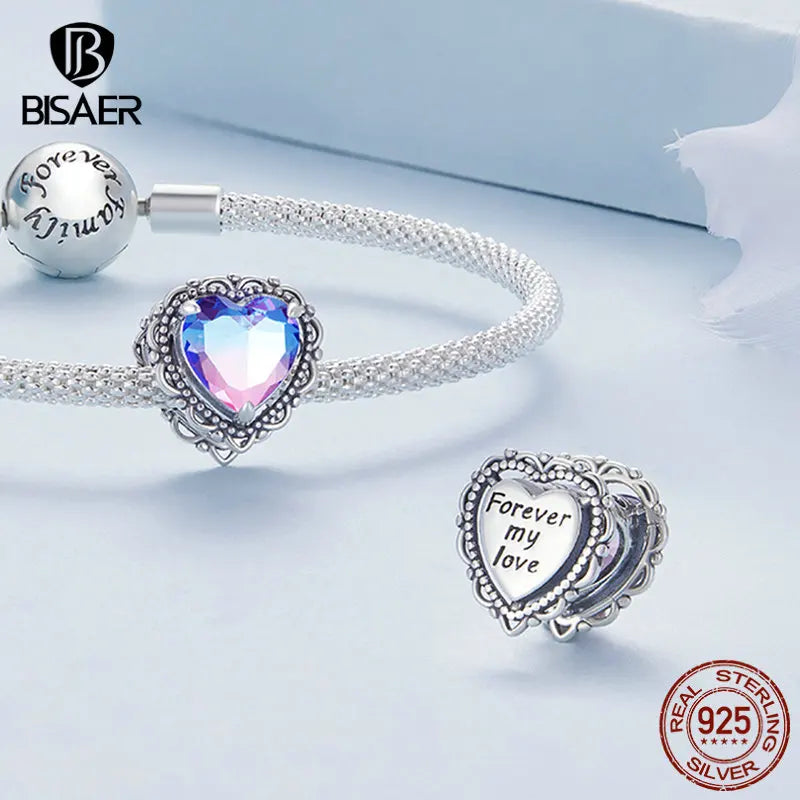 BISAER 925 Sterling Silver Vintage Purple Heart Gradient Charm Bead Fit Original Femme Bracelet &amp; Collier DIY Fine Jewelry