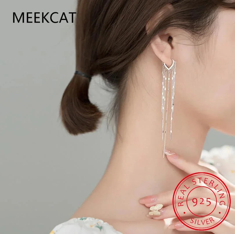 Real 925 Sterling Silver Long Tassel Sparkling Trendy Drop Earrings for Women Dangle Earrings Fine Jewelry Wedding Gift G7026