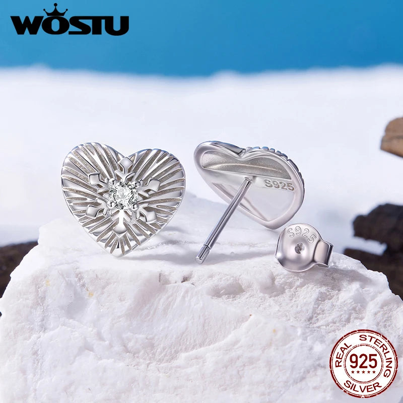 WOSTU 925 Sterling Silver Snowflake Heart Stud Earrings For Women, Winter Jewelry AAA Zircon Ear Studs Xmas New Year Gift